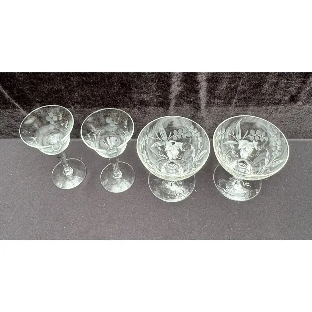 Vintage 1950’s Etched Floral Grape Stemware Dessert & Sherry Glasses -8/28